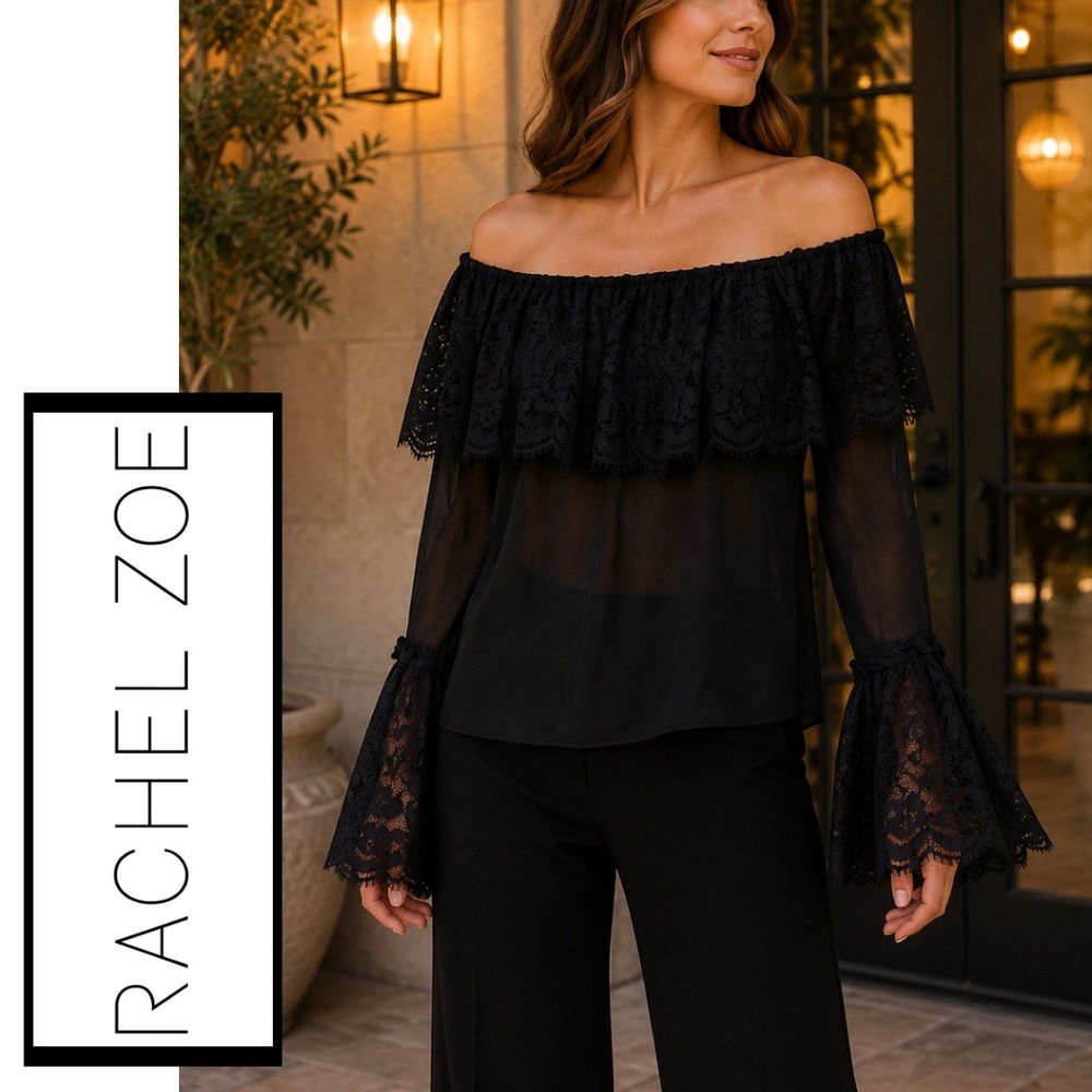 Rachel Zoe, 100% Silk Off The Shoulder Lace Ruffle Blouse SP16T61 Black Size 0